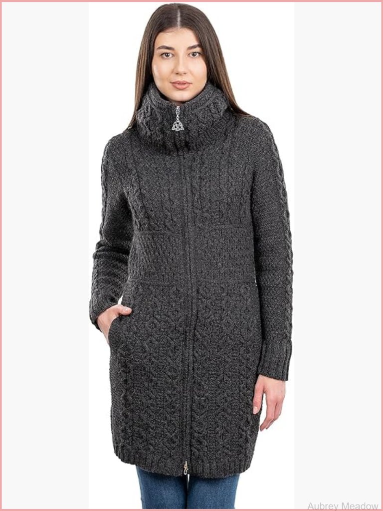 Merino Wool Cardigan With Pockets Long Open Front Irish Coat
